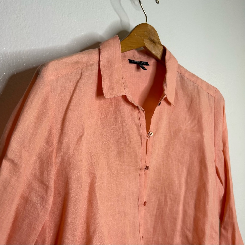 Eileen Fisher Peach Orange 100% Linen Button Down Long Sleeve Medium Petite